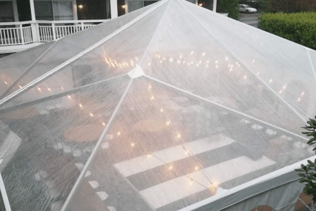 40' x 40' Clear top Tent Rental with Black and White Striped Dance Floor