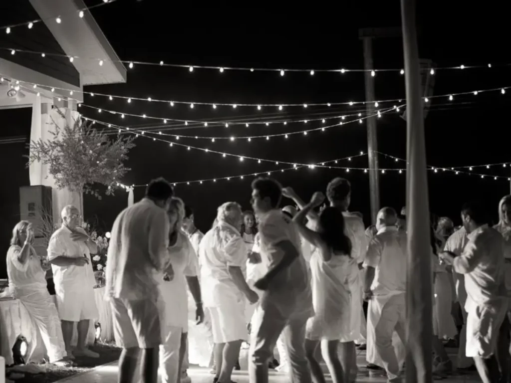 Open Air Dancing under bistro lights. dance floor lighting rentals