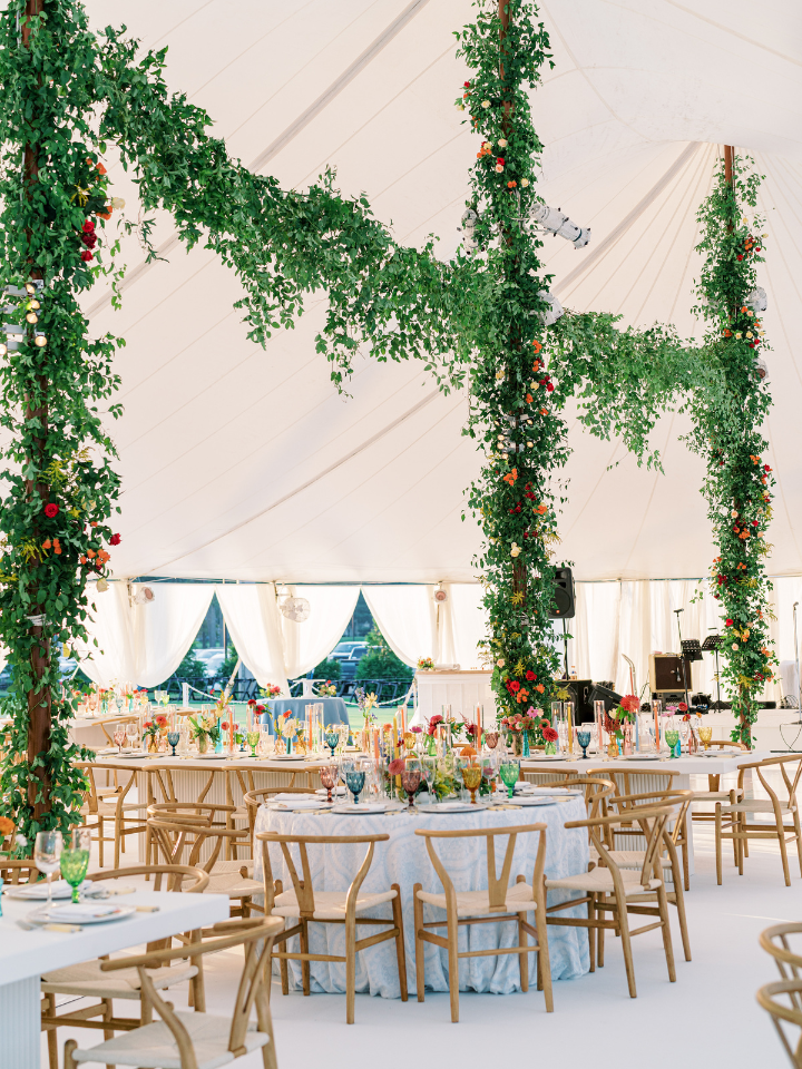 Interior of Sailcloth Tent at Kings Creek Country Club Wedding. Greenery Wedding Decor.