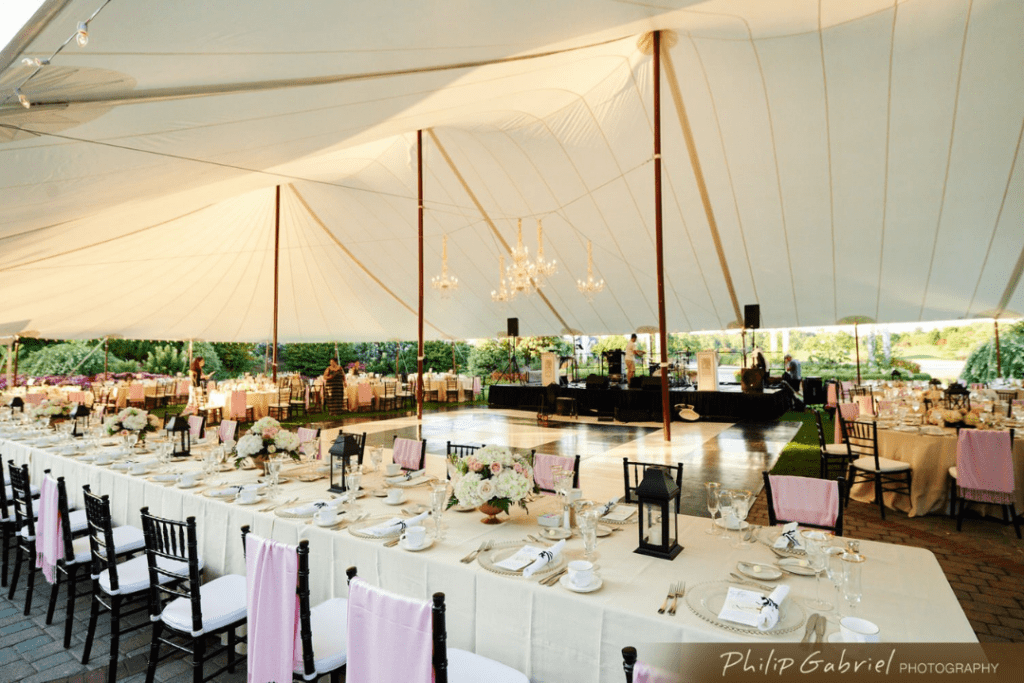 Interior of a tent for a wedding at the clubhouse at baywood