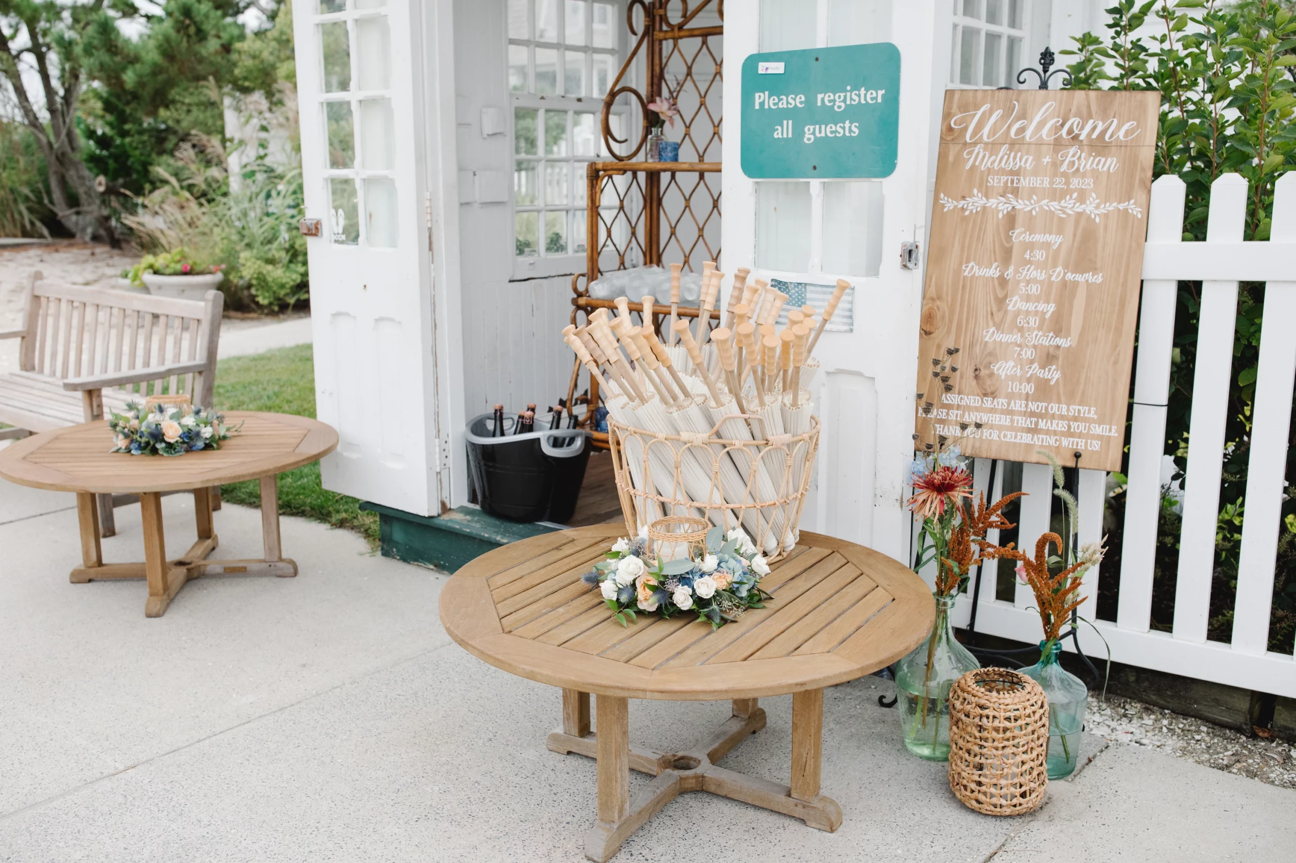 blue and white beach wedding reception
