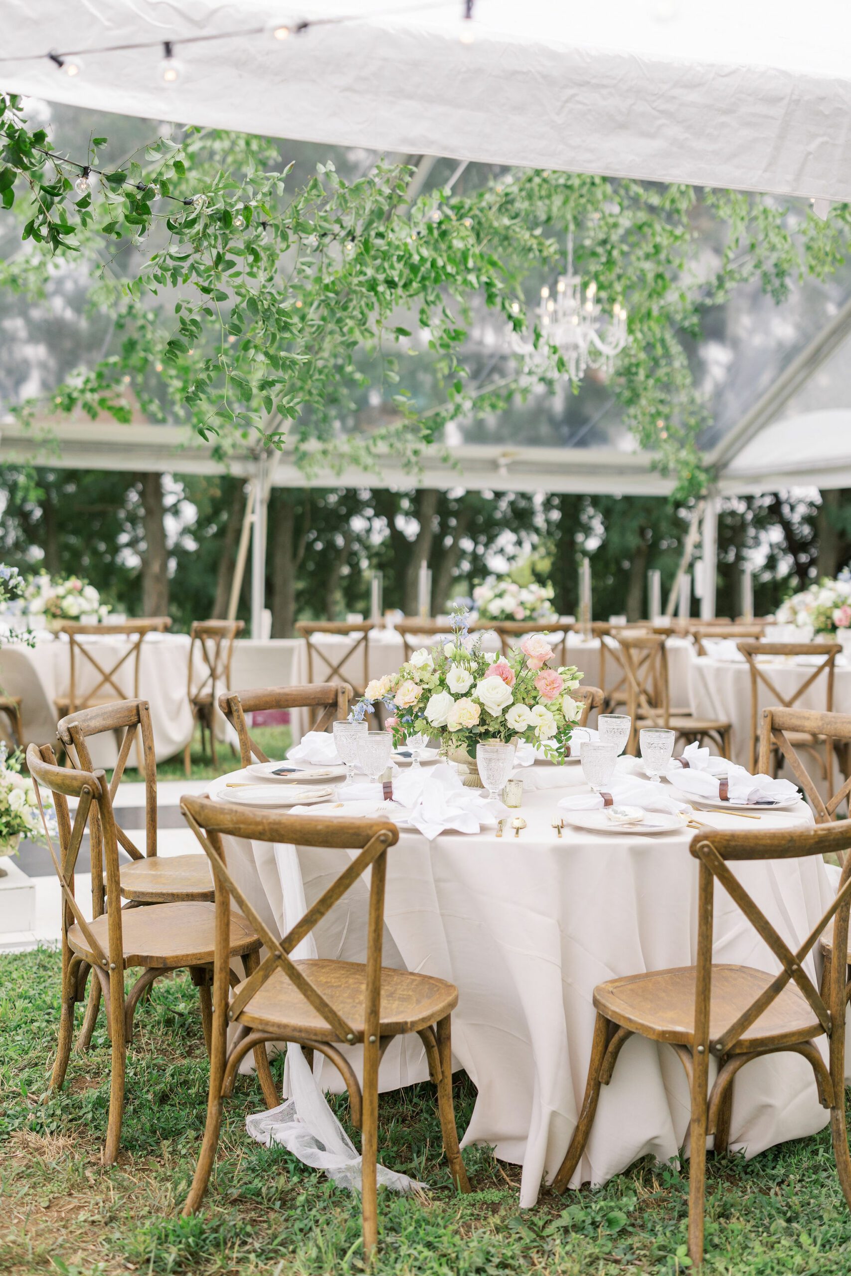tent with greenery draped inside