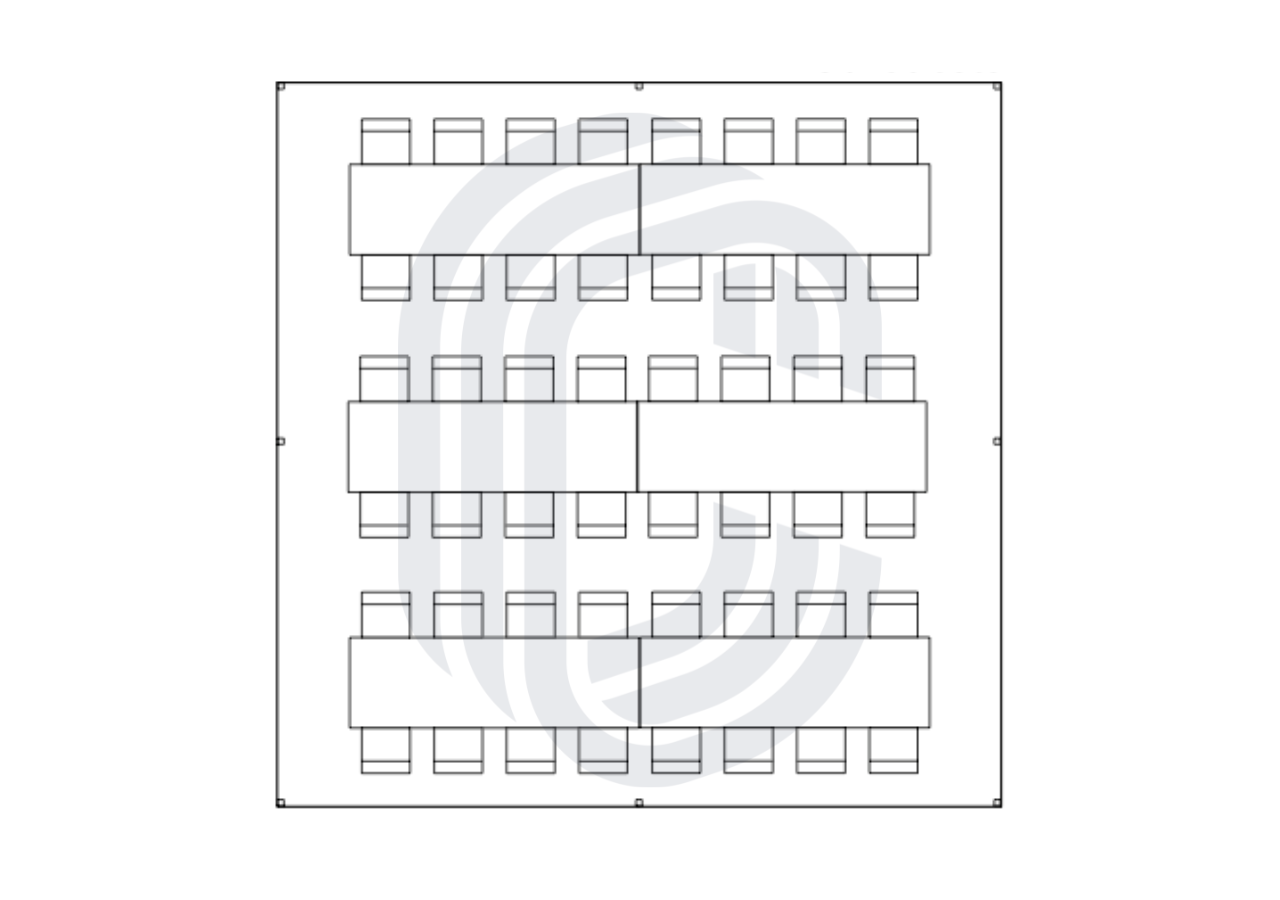 Diagram of a 20 x 20 Frame Tent with Seating for 50 Guests at Rectangular Banquet Tables