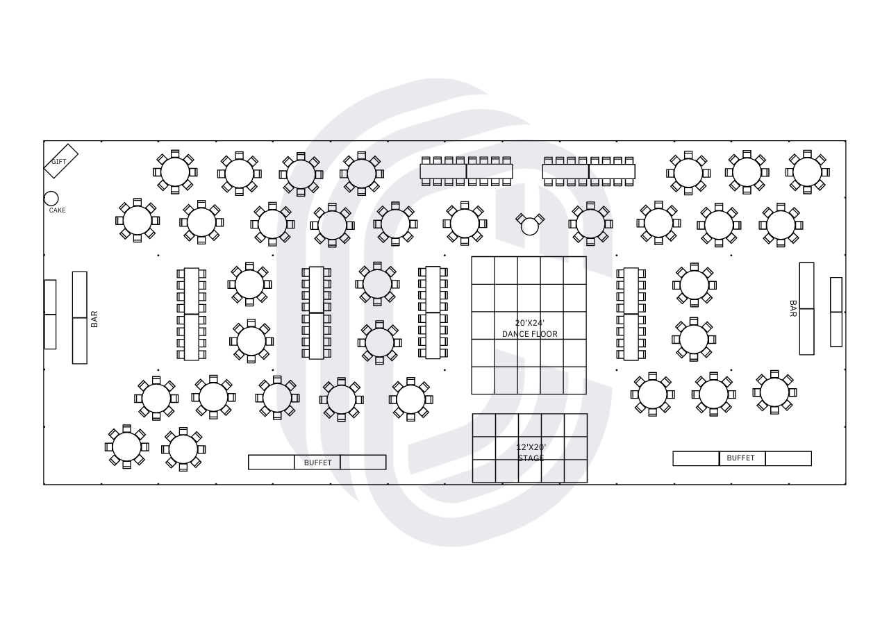 A 60' by 140' pole tent layout for 362 guests