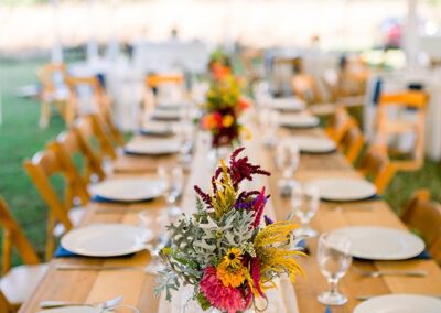 Farmhouse tables at an eastern shore wedding in the fall at Adkins Arboretum, rentals by Collective Event Group