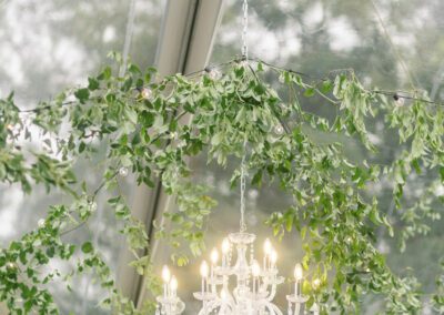 chandelier in clear ceiling tent with greenery