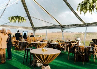 cocktail style wedding reception in clear tent