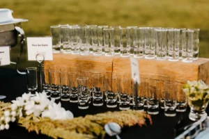 shooter glasses set up at food station