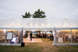 clear top tent, set up on grass