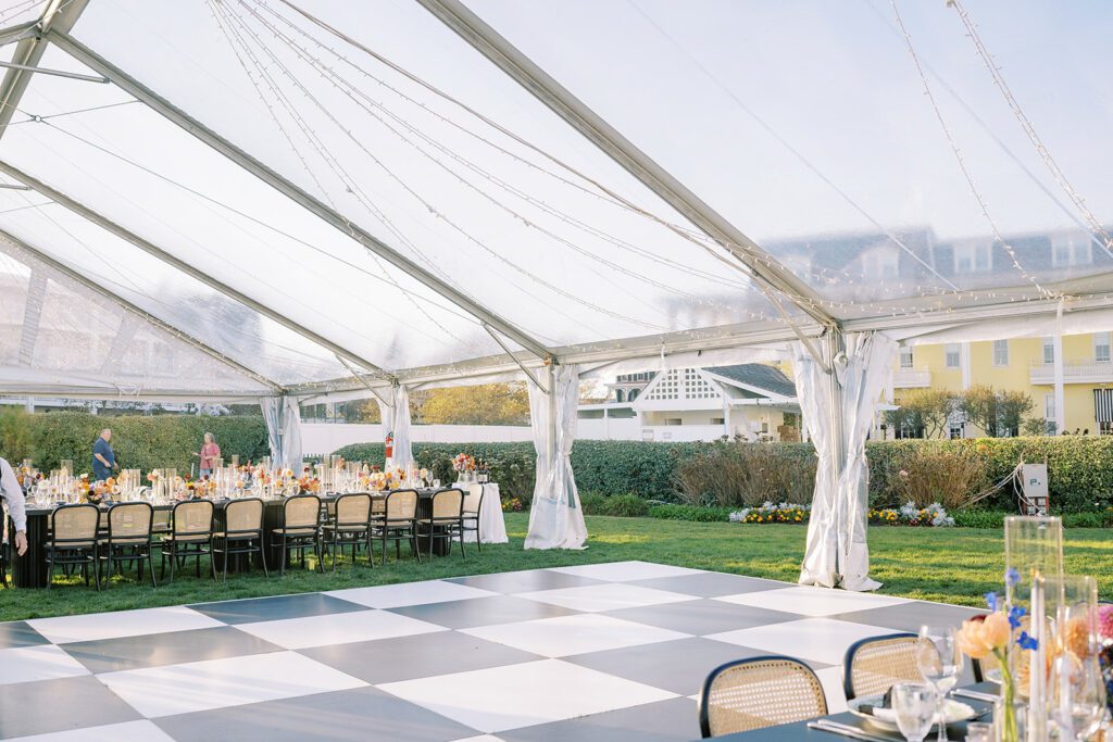 clear top tent with black and white checkered dance floor