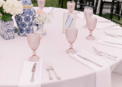round table with pink water goblets and floral center pieces