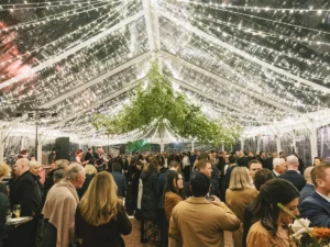 View of cleartop tent with waterfall lighting installed and hanging greenery