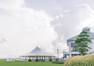 white wedding tent set up on lawn