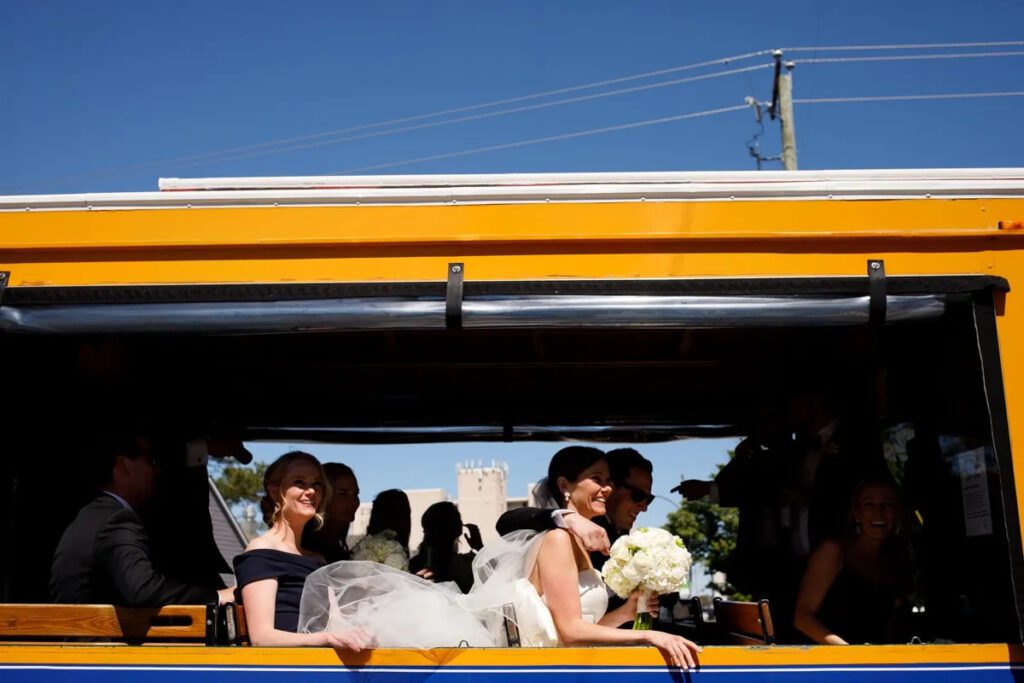 bride riding in jolly trolley