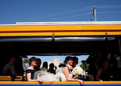 bride riding in jolly trolley