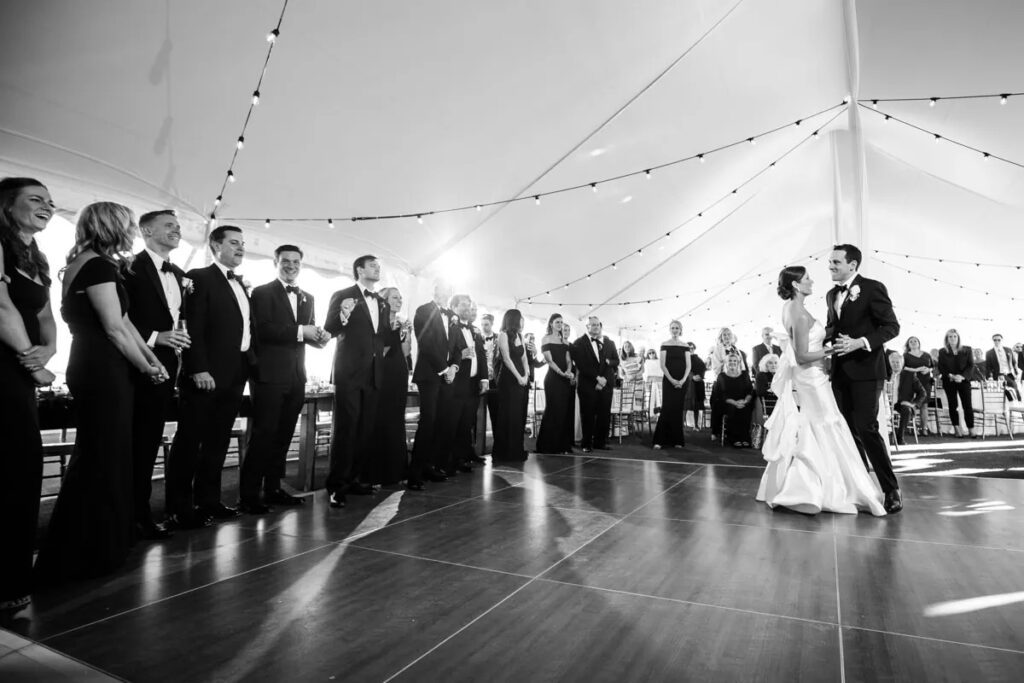 bride and groom first dance black and white photo