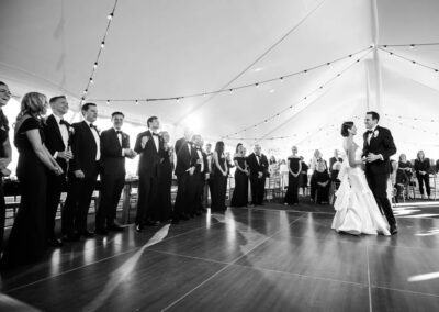 bride and groom first dance black and white photo