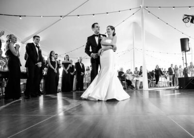 bride and groom first dance black and white photo