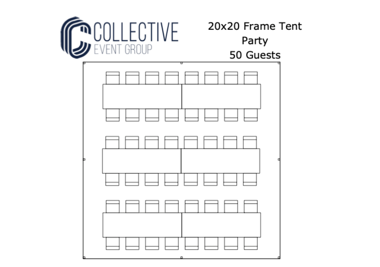 20x20frametent_50guests_layout Diagram of a 20' by 20' frame tent with seating for 50 guests at rectangular tables