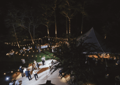 Birds Eye View of Tent and outdoor lighting for a backyard wedding