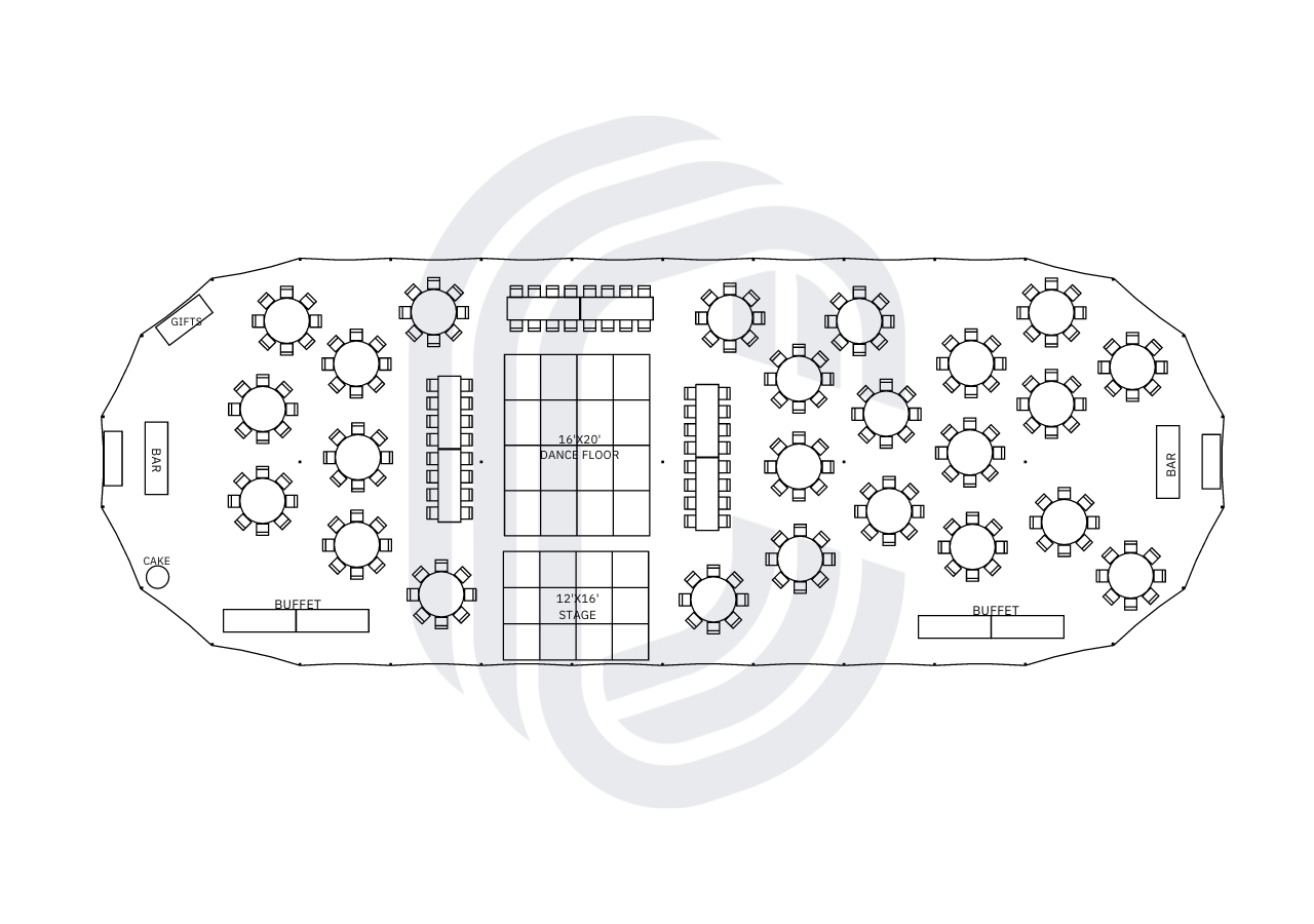240Guests_45x124Sailcloth Tent Layout for 240 Guests Under a 45' by 124' Sailcloth Tent