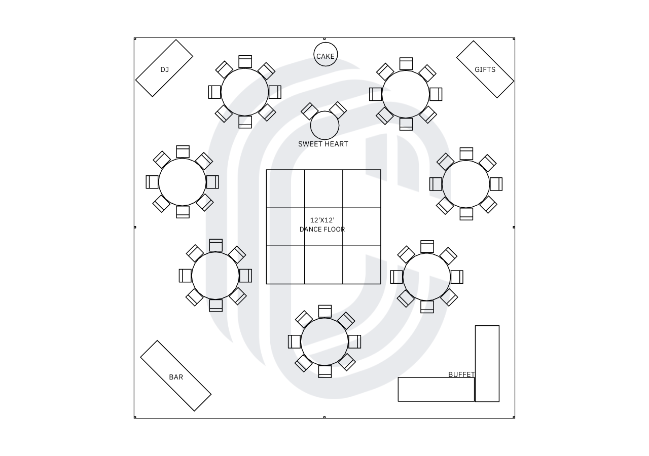 40x40frame_58guest_wedding 40' by 40' Frame Tent wedding layout for 58 guests