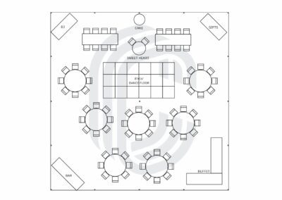 40′ by 40′ Tent Layout for a 74 Guest Wedding