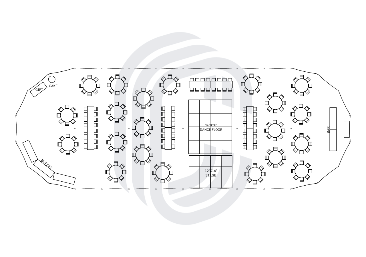 45x124Sailcloth_232Guests 45' by 124' Sailcloth Tent Layout for 232 Guests