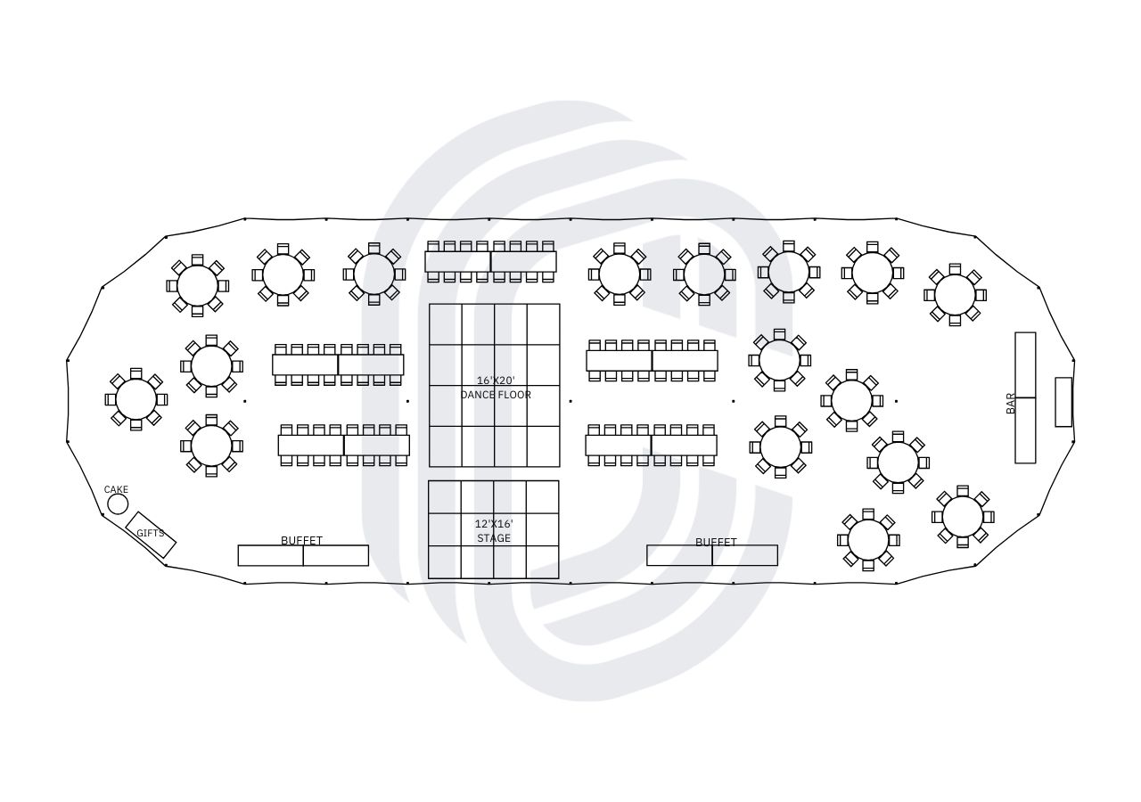 45x124sailcloth_216guest_wedding 45' by 124' Sailcloth Tent Layout for a 216 Guest Wedding