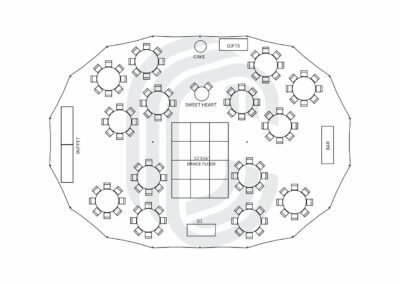 45′ by 64′ Sailcloth Tent Layout for a 115 Guest Wedding