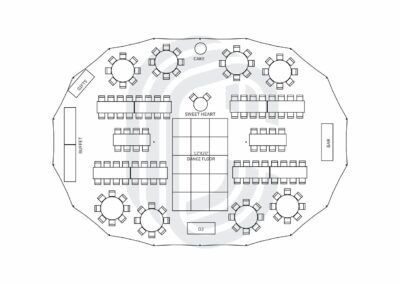 45′ by 64′ Sailcloth Tent Layout for a 146 Guest Wedding