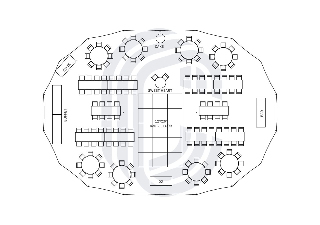 45x64sailclothtent_146guest_wedding 45' by 64' Sailcloth Tent Wedding Layout for 146 Guests