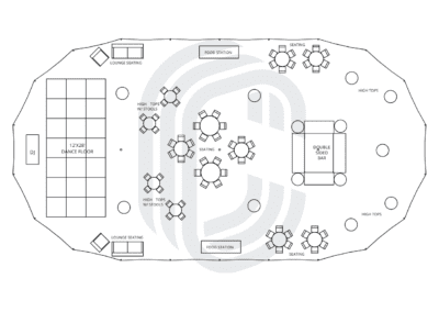 45′ by 84′ Sailcloth Tent Layout for a 200 Guest Cocktail Party