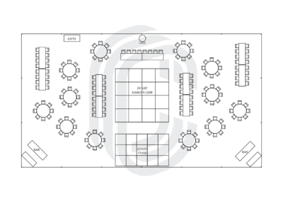 50′ by 90′ Frame Tent Layout for a 168 Guest Wedding