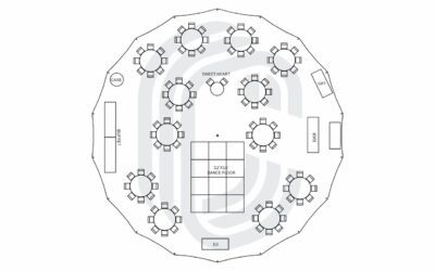 57′ by 56′ Sailcloth Tent Layout for a 98 Guest Wedding