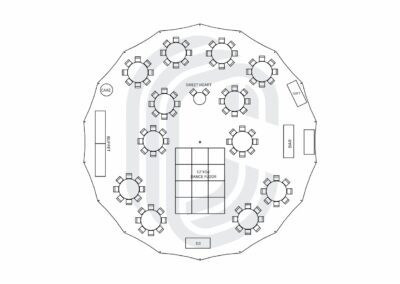 57′ by 56′ Sailcloth Tent Layout for a 98 Guest Wedding