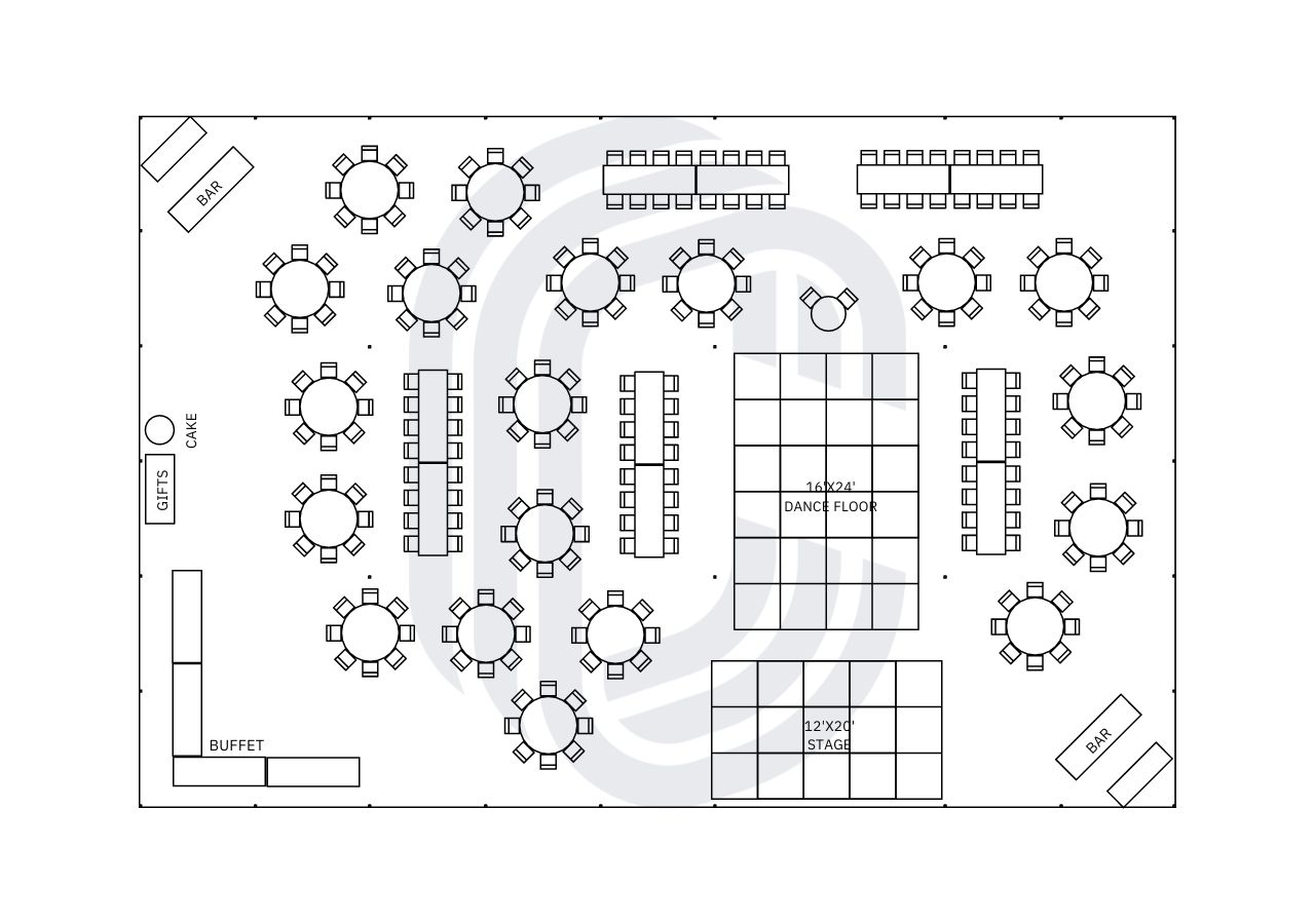 60x90poletent_230guests 60' by 90' Pole Tent Layout for 230 Guests