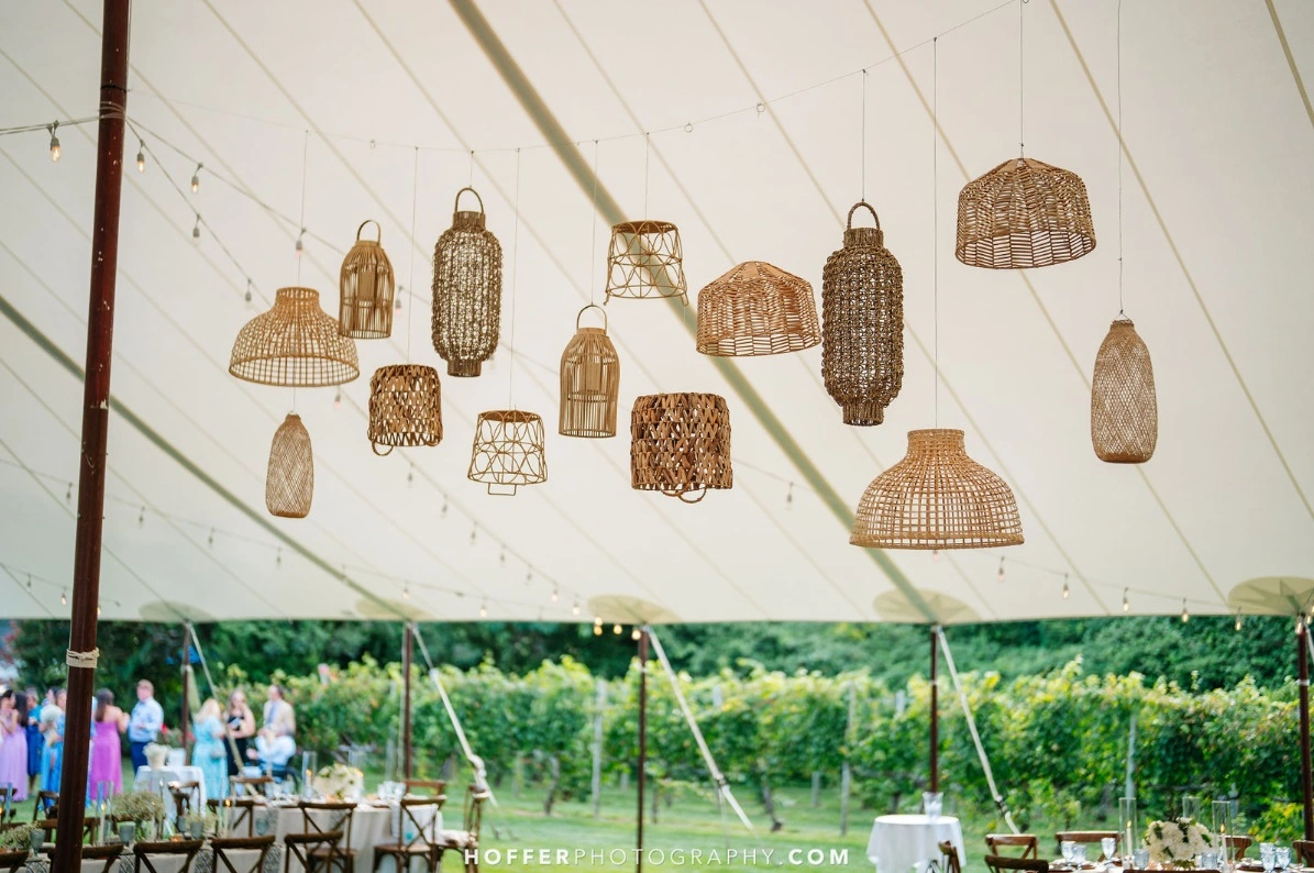 Sailcoth Tent Haenn Wedding_ISV_36 (13) wedding tent with rattan lanterns suspended from ceiling.