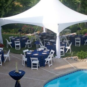 20x20 high peak tent set up poolside for backyard party