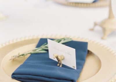 gold charger plate with navy blue napkin