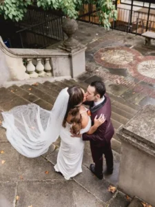 bride and groom portrait from above at winterthur