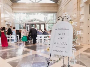welcome sign for an indoor wedding at winterthur
