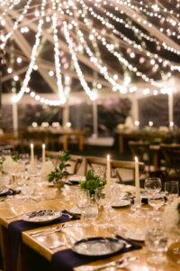 clear top tent set up for a wedding reception with waterfall twinkle lighting suspended throughout