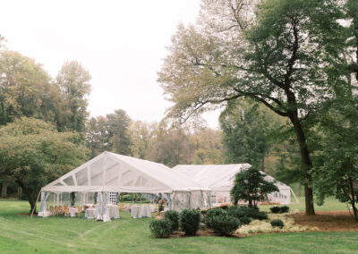 clear top tents set on green grass surrounded by trees