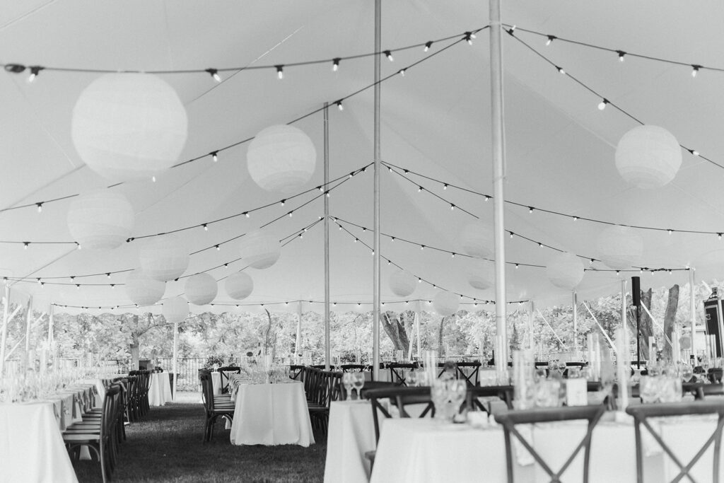 wedding tent with market lighting and paper lanterns