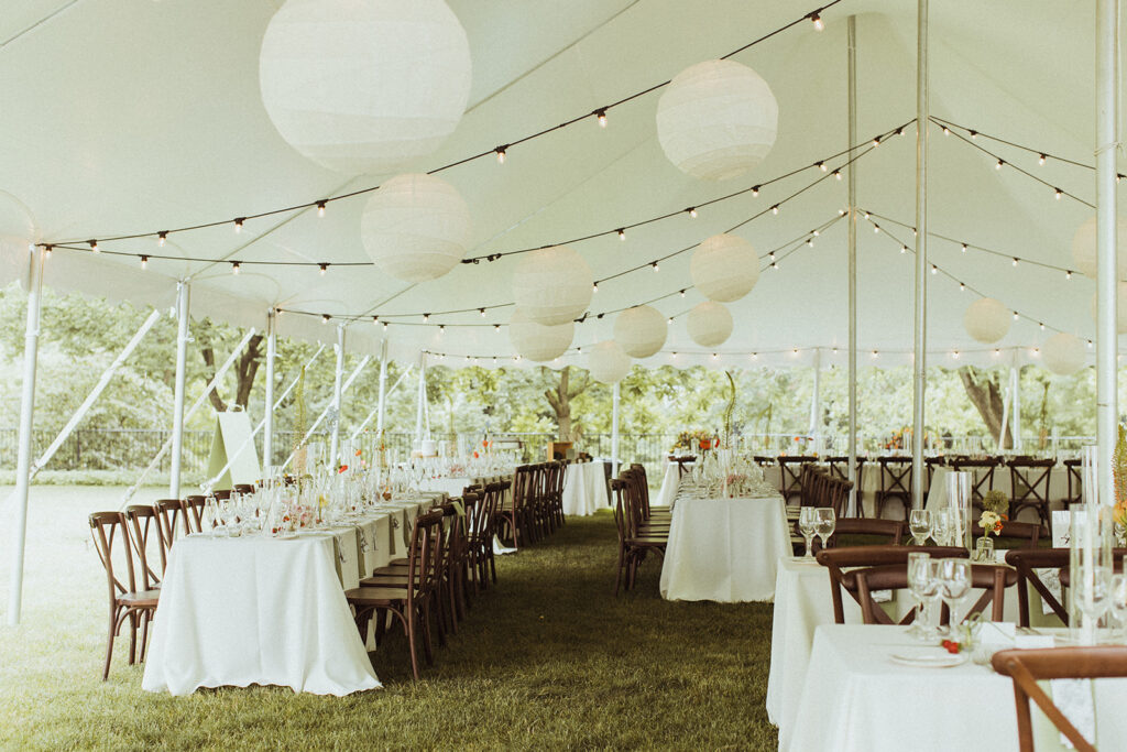 wedding tent with market lighting and paper lanterns