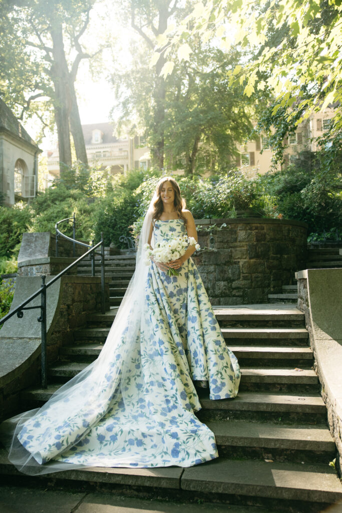 blue and white wedding gown