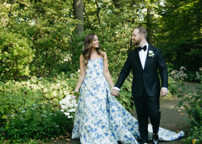 blue and white floral wedding gown