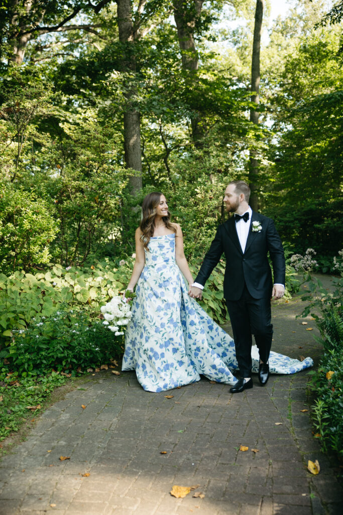 blue and white floral wedding gown