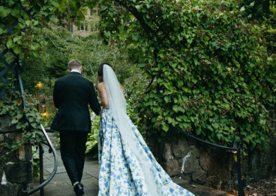blue and white floral wedding gown